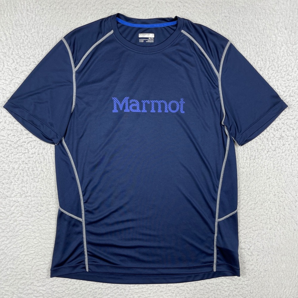 Marmot Performance T-Shirt Mens XL Navy Blue Short Sleeve Logo Hiking Gorpcore